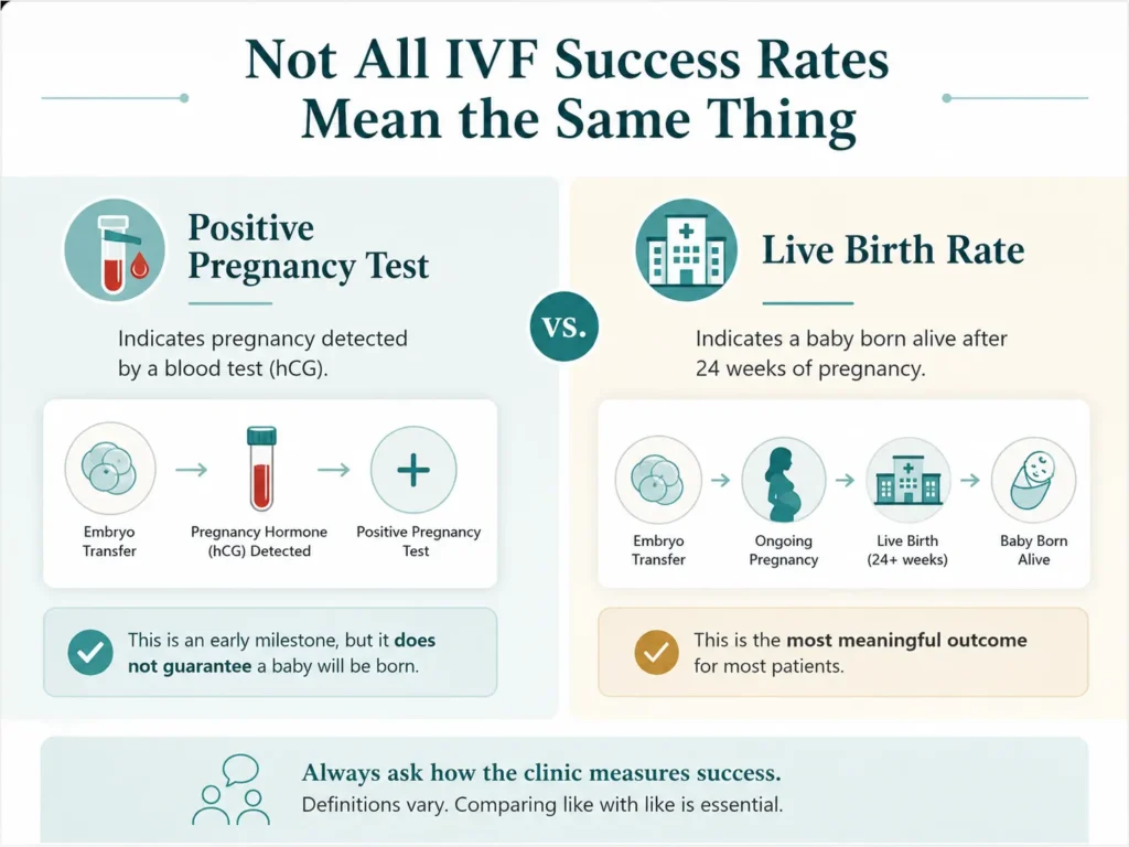 Difference between a positive pregnancy test and live birth rate in IVF treatment
