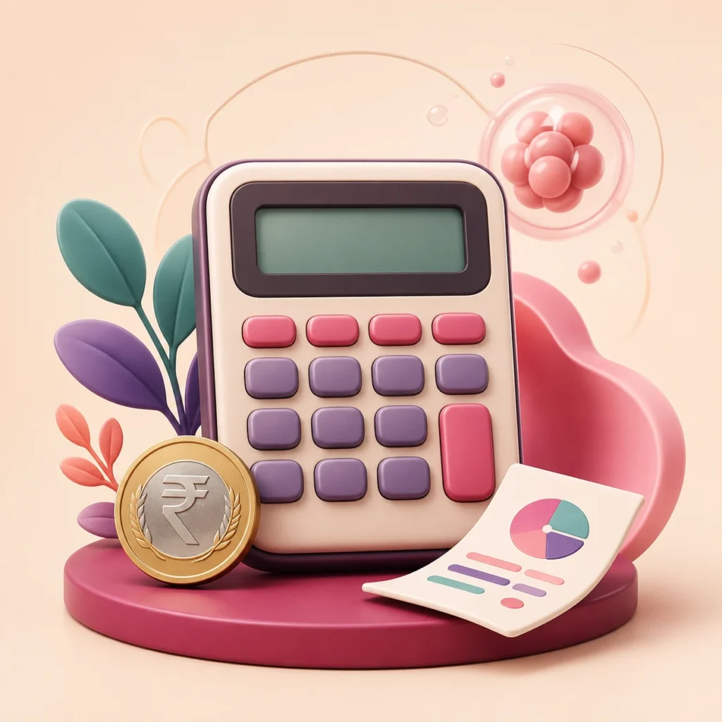 IVF cost calculator with rupee and treatment budget illustration