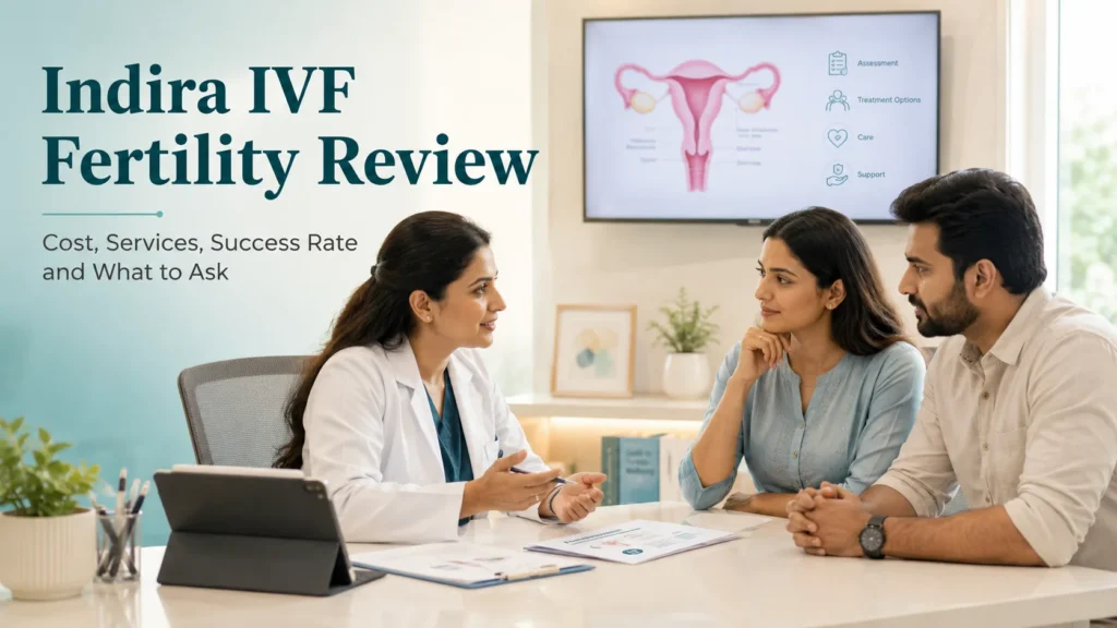 Indira IVF fertility review showing an Indian couple consulting a fertility specialist