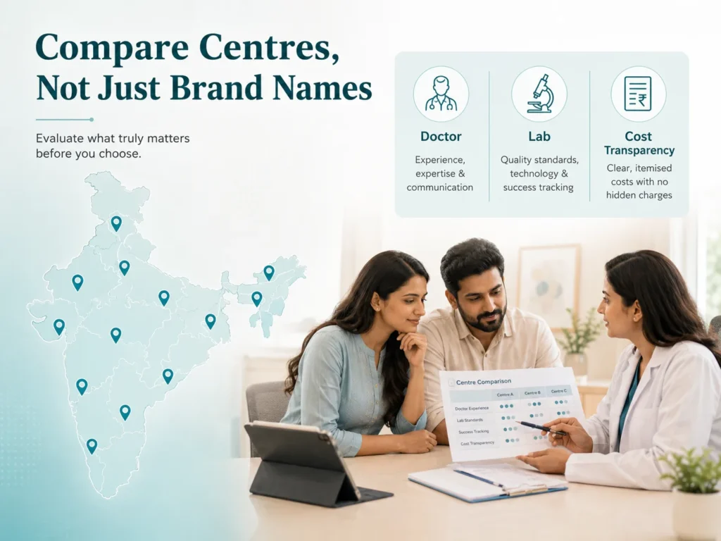 Indian couple comparing fertility centres based on doctor, laboratory and cost transparency